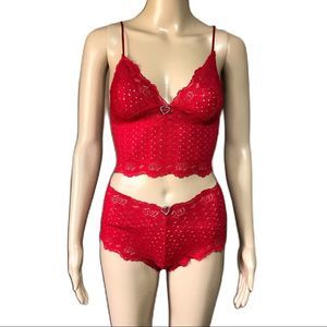 Red lattice weave lace valentines rhinestone hearts chemise and panties set Sm
